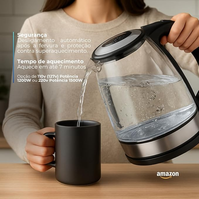 Chaleira Eletrica de Vidro 110v Potência 1200W Capacidade 1,8L Desligamento Automático Efeito de Luz Interno - Qualidade Premium Ezc® - Sucesso Real