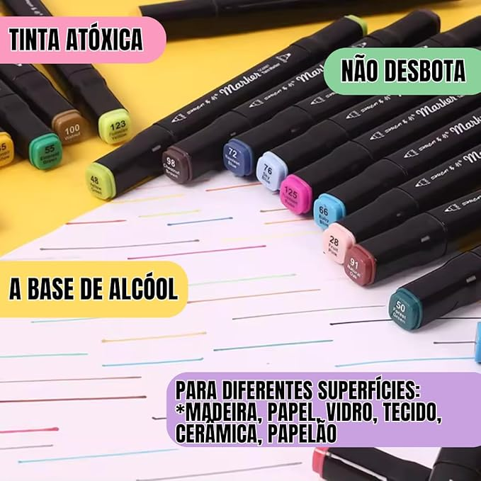 Conjunto de Canetas Marcador Permanente Canetinhas para Colorir Touch com Ponta Dupla para Desenhos Profissional e Escolar com Duas Pontas Hidrográficas com Estojo para Transporte Brashopmall® (120) - Sucesso Real