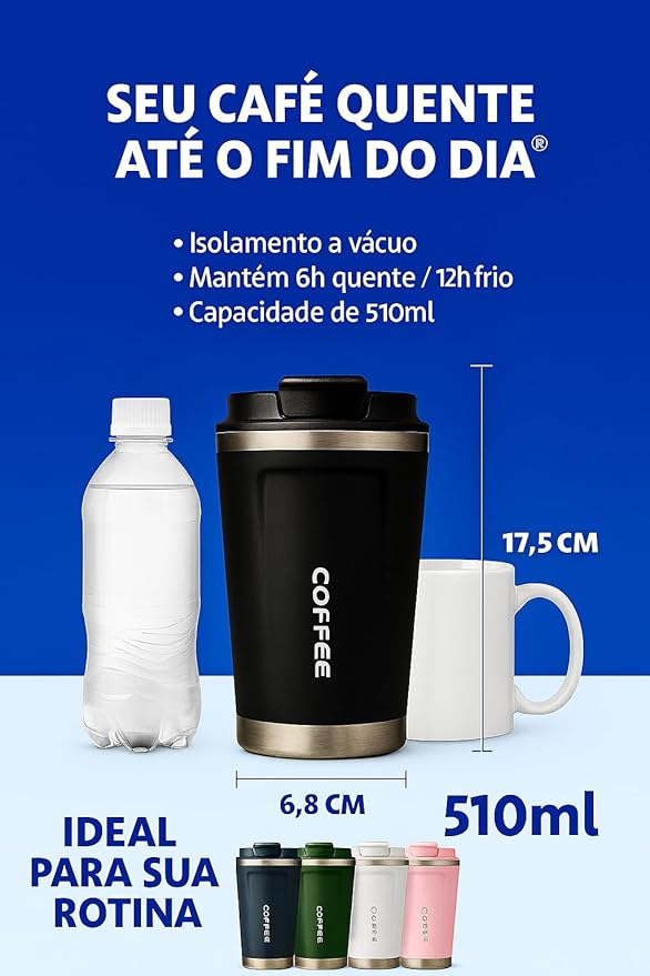 Copo Térmico 510ml Inox com Tampa Vedada | Isolamento a Vácuo | Anti-Vazamento | Mantém Bebidas Quentes e Frias | Ideal para Café, Chá e Cerveja -